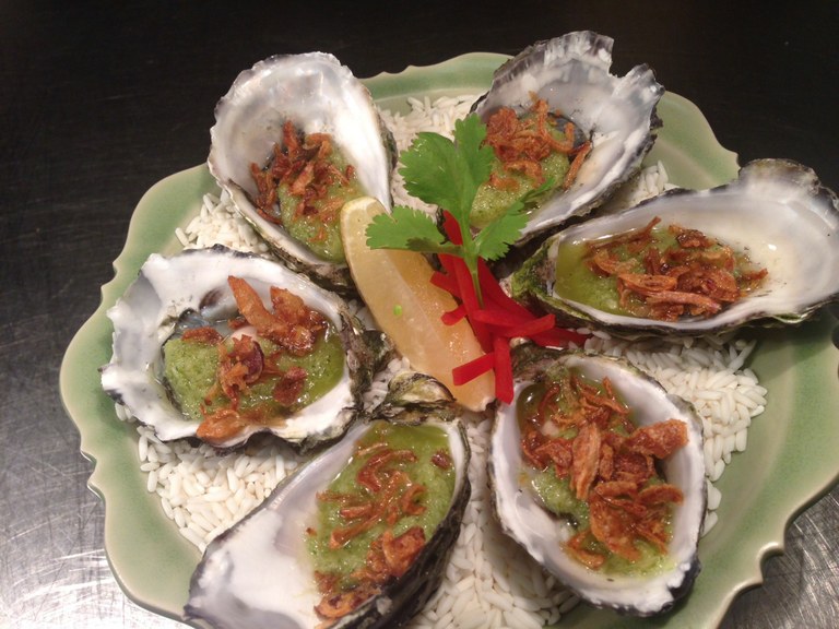 Thai oysters and crispy pork belly